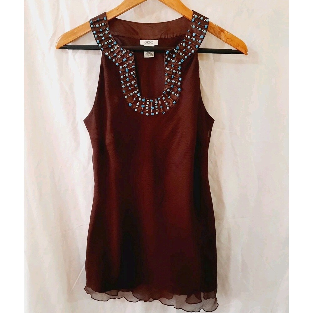 Cache Womens Small Brown Silk Halter Top Blue Brown Beaded Detailing